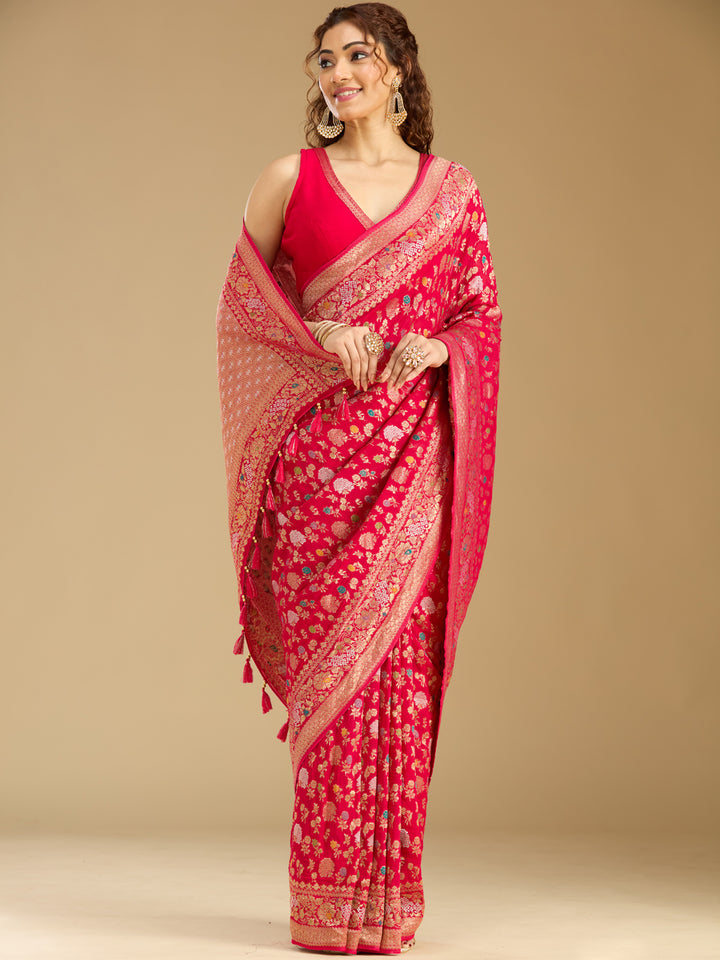 Rani Pink Georgette Jaal Gold Zariwork Saree With Matching Blouse Piece
