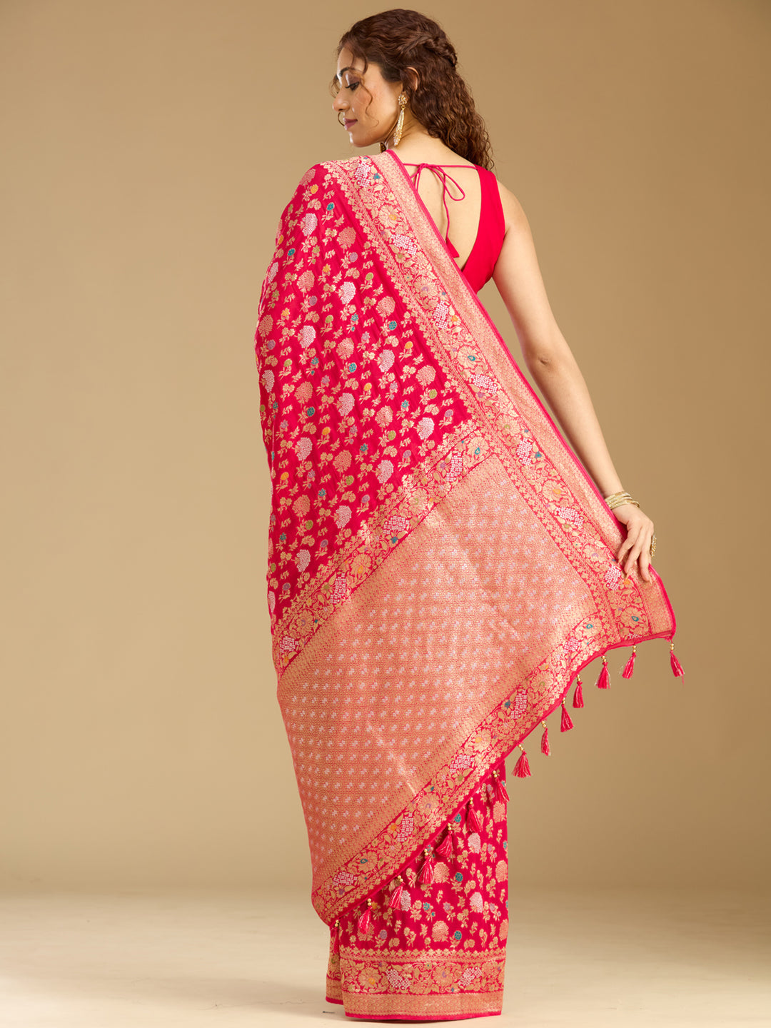 Rani Pink Georgette Jaal Gold Zariwork Saree With Matching Blouse Piece