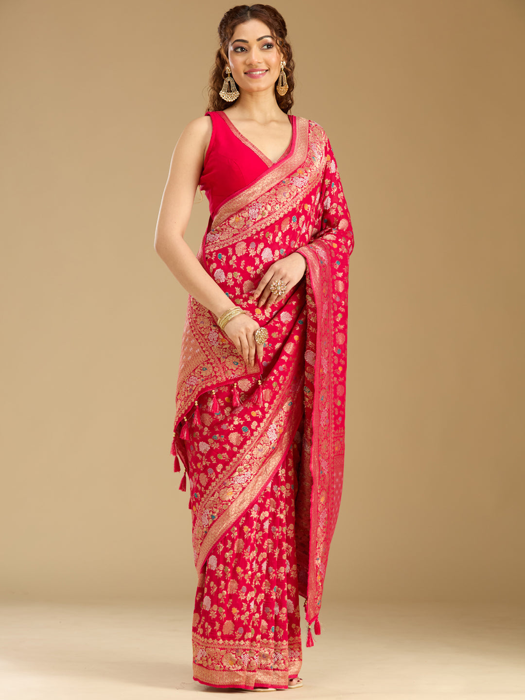 Rani Pink Georgette Jaal Gold Zariwork Saree With Matching Blouse Piece