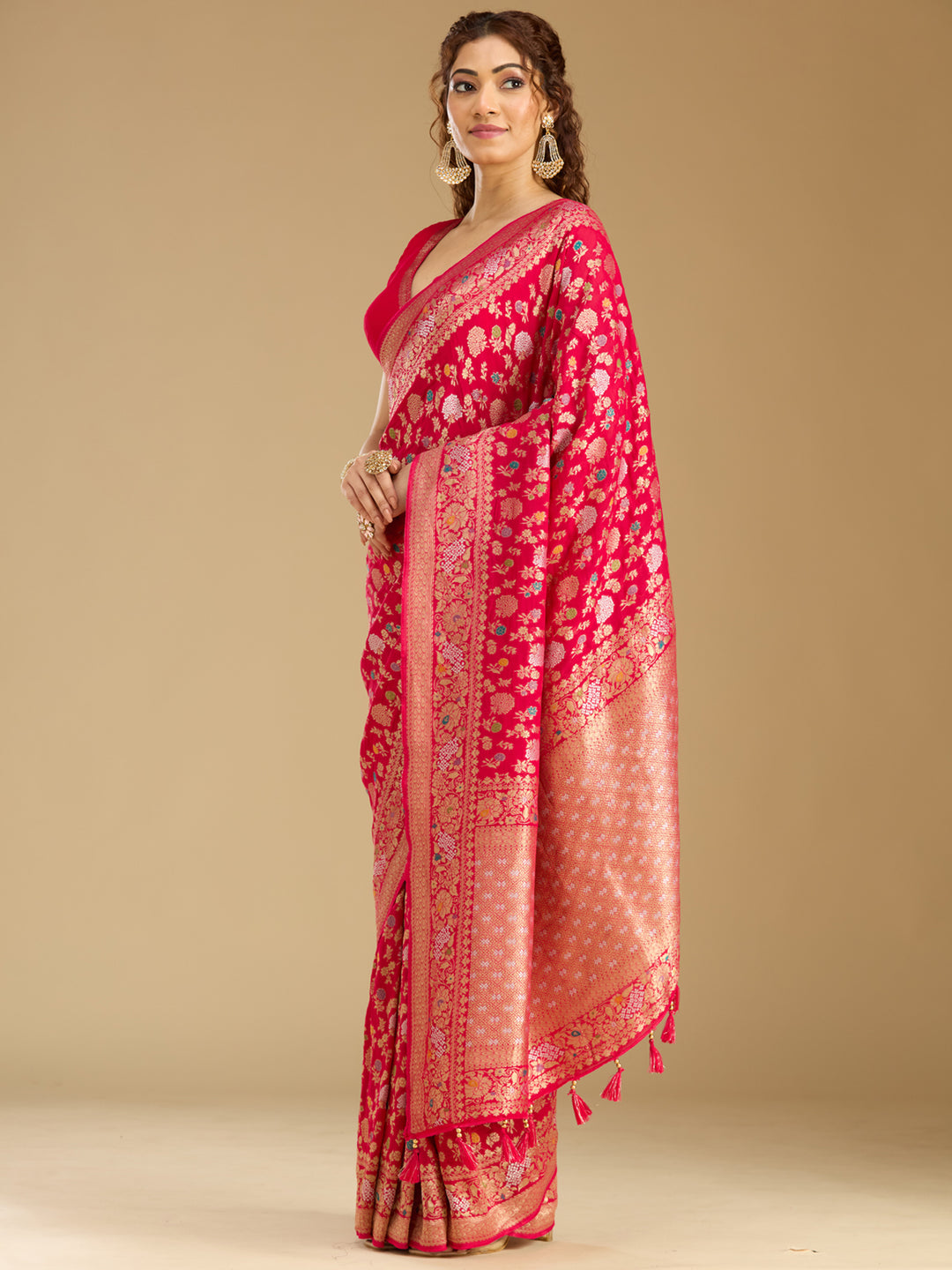 Rani Pink Georgette Jaal Gold Zariwork Saree With Matching Blouse Piece