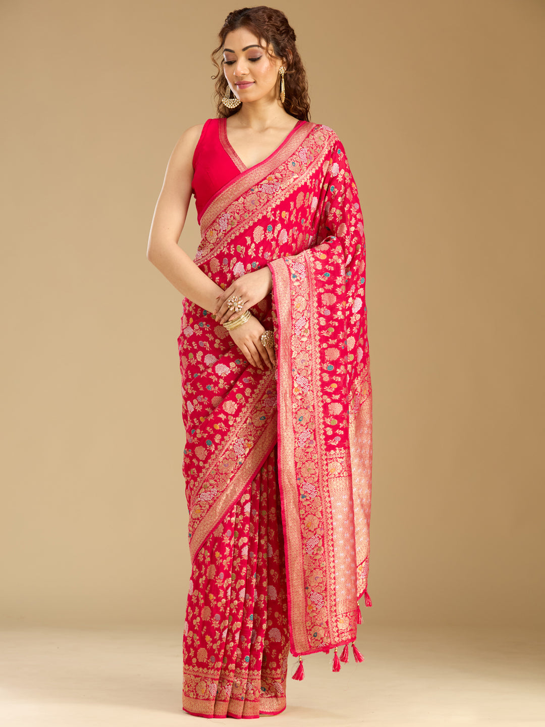 Rani Pink Georgette Jaal Gold Zariwork Saree With Matching Blouse Piece