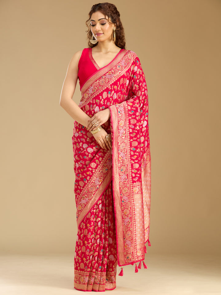 Rani Pink Georgette Jaal Gold Zariwork Saree With Matching Blouse Piece