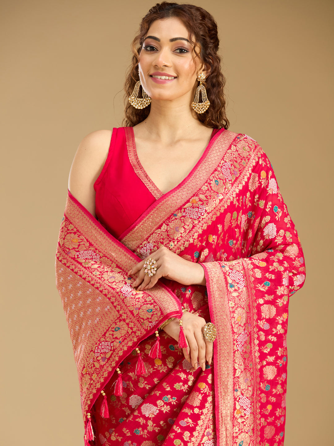 Rani Pink Georgette Jaal Gold Zariwork Saree With Matching Blouse Piece