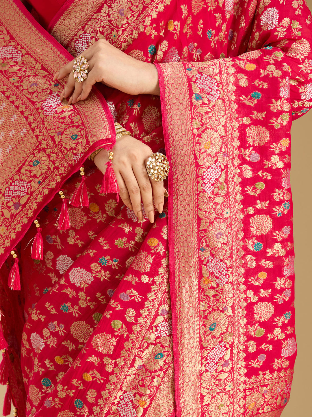 Rani Pink Georgette Jaal Gold Zariwork Saree With Matching Blouse Piece
