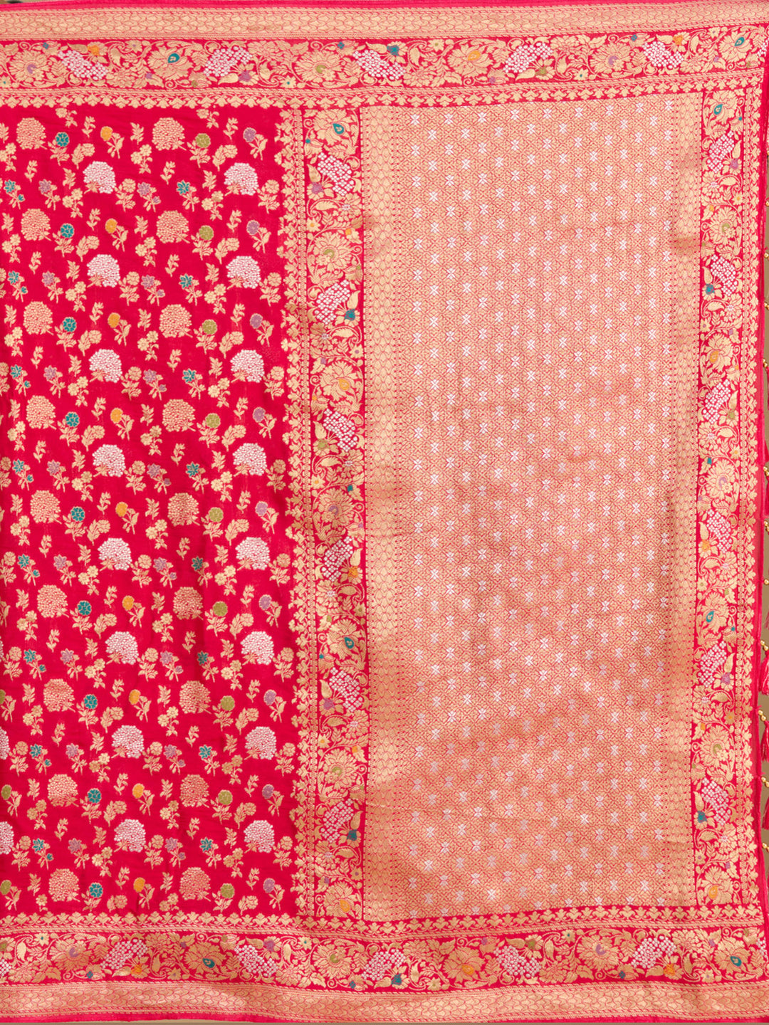 Rani Pink Georgette Jaal Gold Zariwork Saree With Matching Blouse Piece