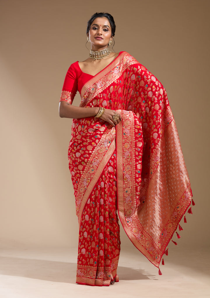 Red Georgette Jaal Gold Zariwork Saree With Matching Blouse Piece