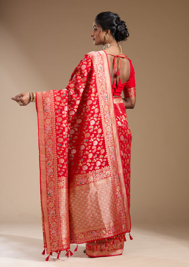 Red Georgette Jaal Gold Zariwork Saree With Matching Blouse Piece