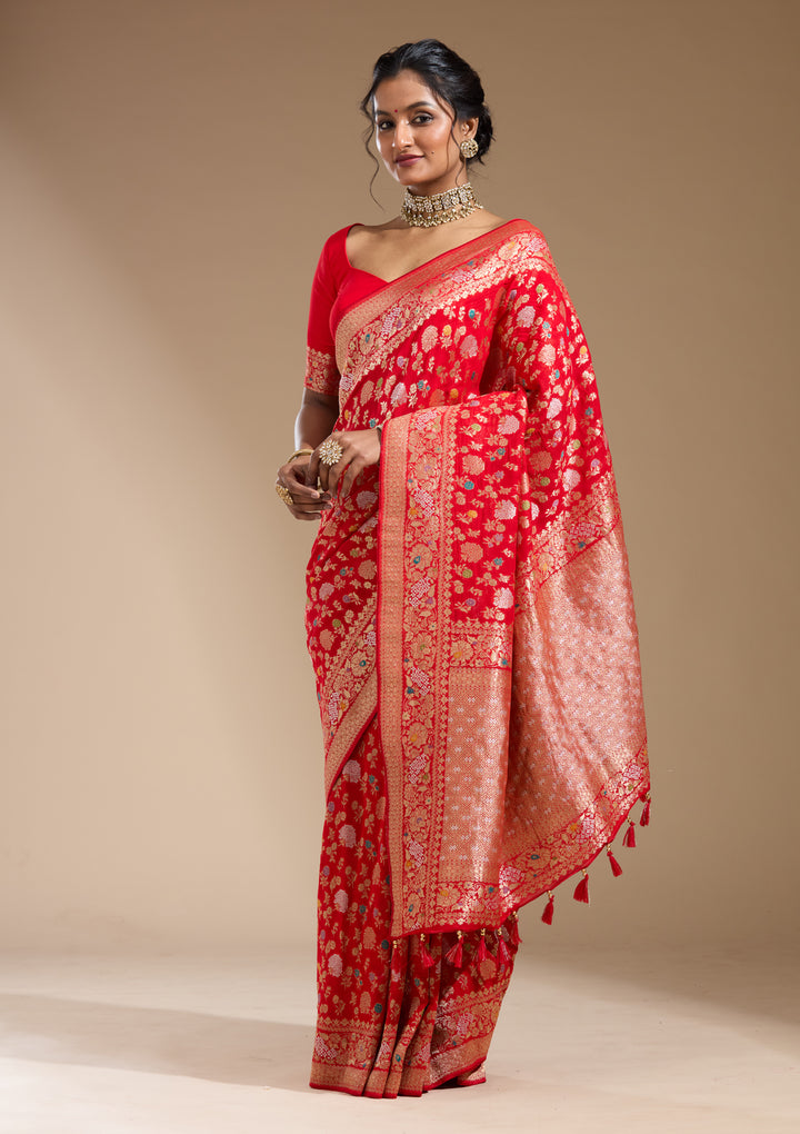 Red Georgette Jaal Gold Zariwork Saree With Matching Blouse Piece