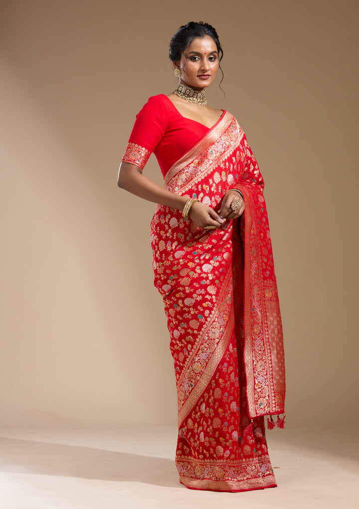 Red Georgette Jaal Gold Zariwork Saree With Matching Blouse Piece