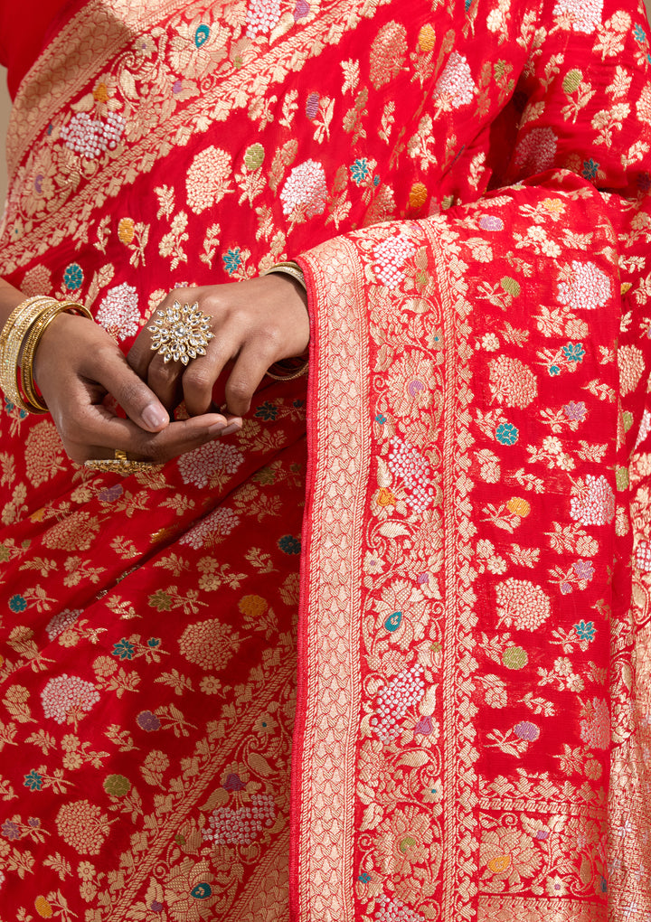 Red Georgette Jaal Gold Zariwork Saree With Matching Blouse Piece