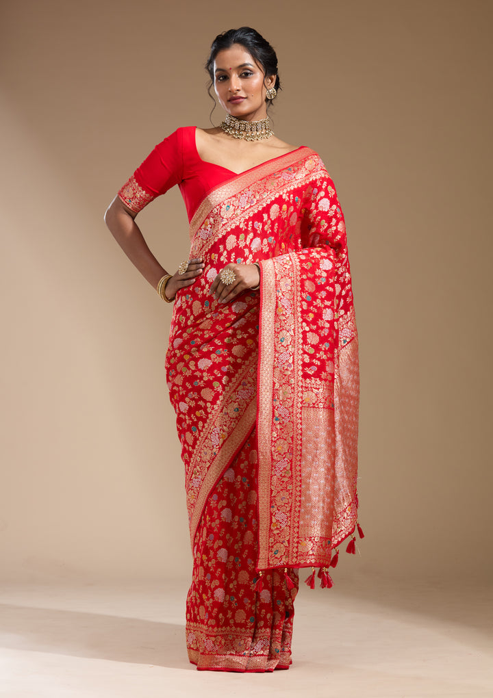 Red Georgette Jaal Gold Zariwork Saree With Matching Blouse Piece