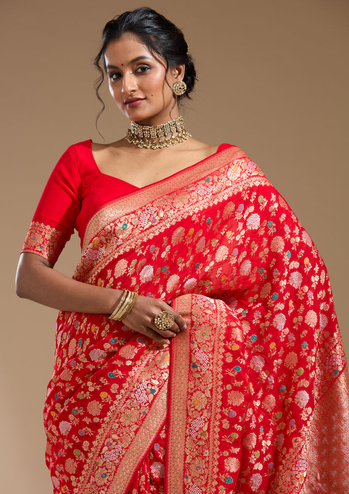 Red Georgette Jaal Gold Zariwork Saree With Matching Blouse Piece