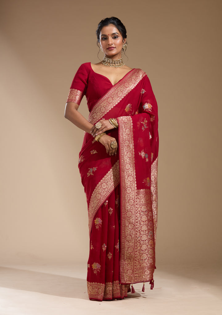 Maroon Georgette Buti Gold Zariwork Saree With Matching Blouse Piece