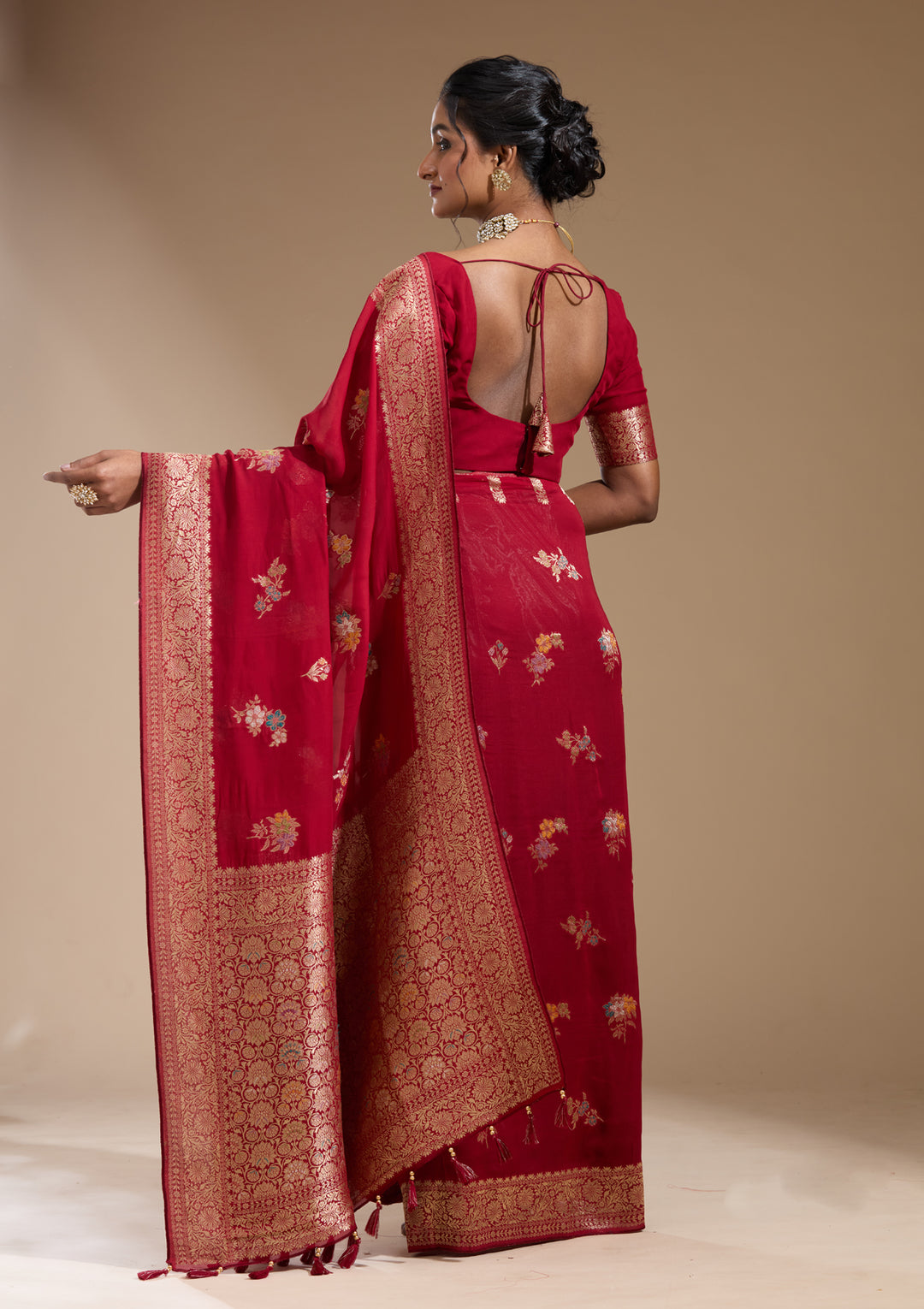 Maroon Georgette Buti Gold Zariwork Saree With Matching Blouse Piece
