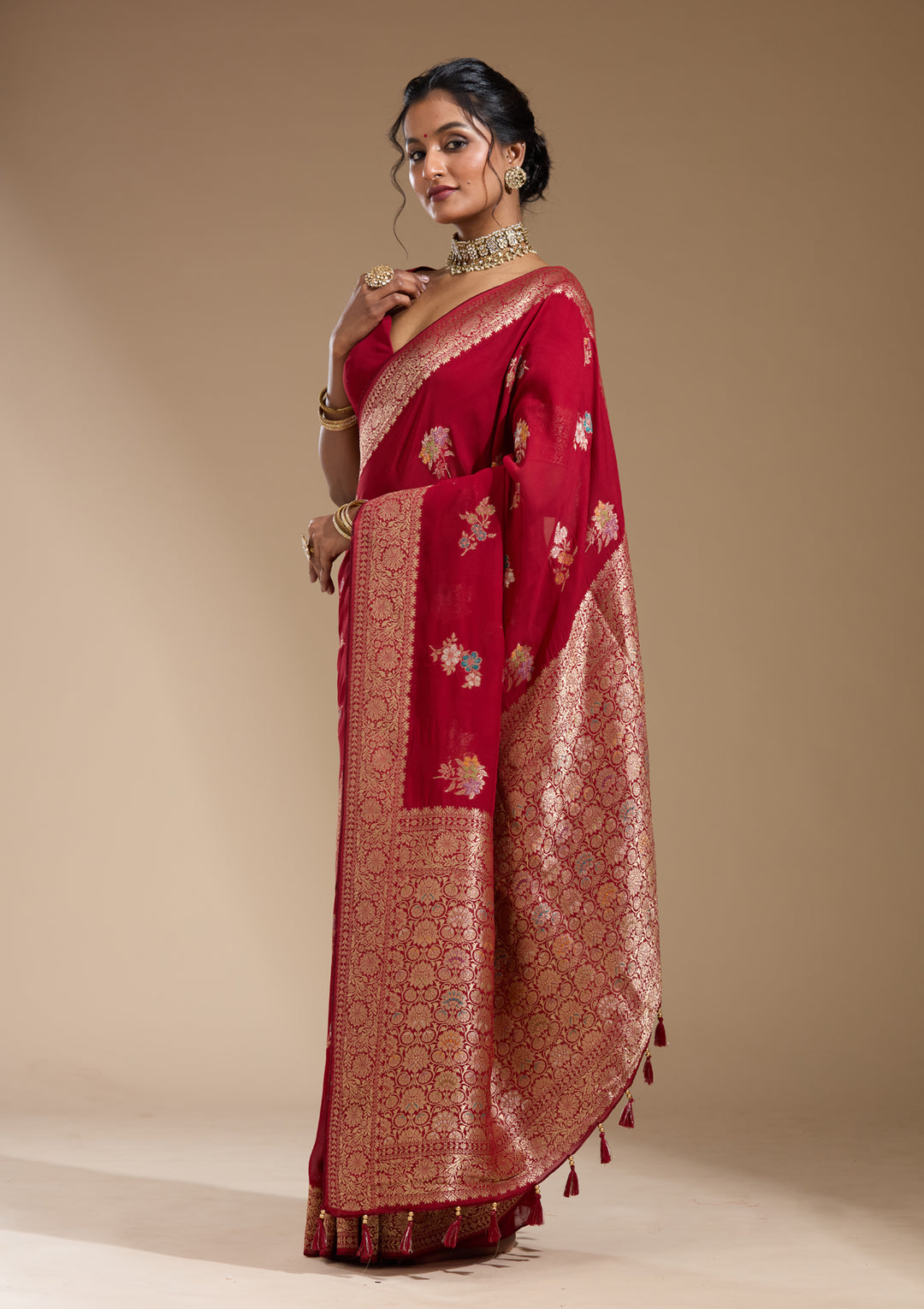 Maroon Georgette Buti Gold Zariwork Saree With Matching Blouse Piece