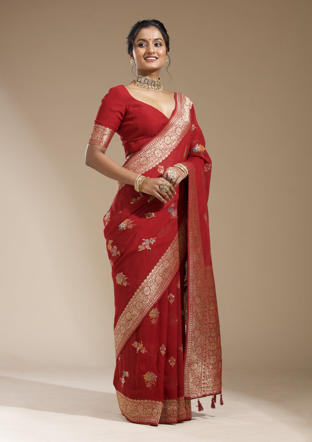 Maroon Georgette Buti Gold Zariwork Saree With Matching Blouse Piece