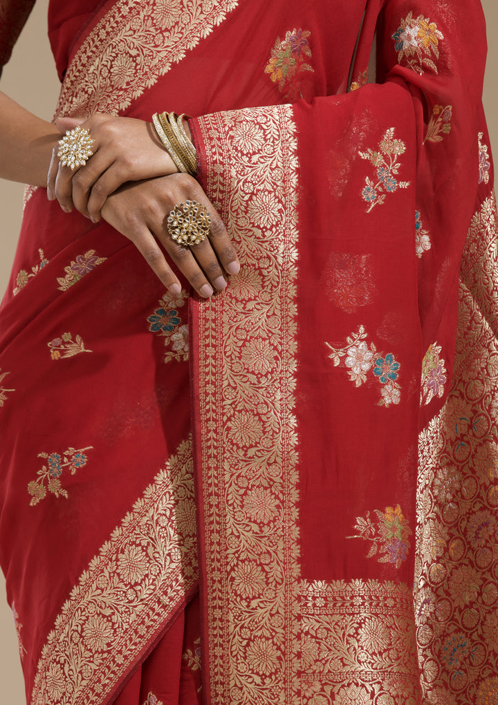 Maroon Georgette Buti Gold Zariwork Saree With Matching Blouse Piece