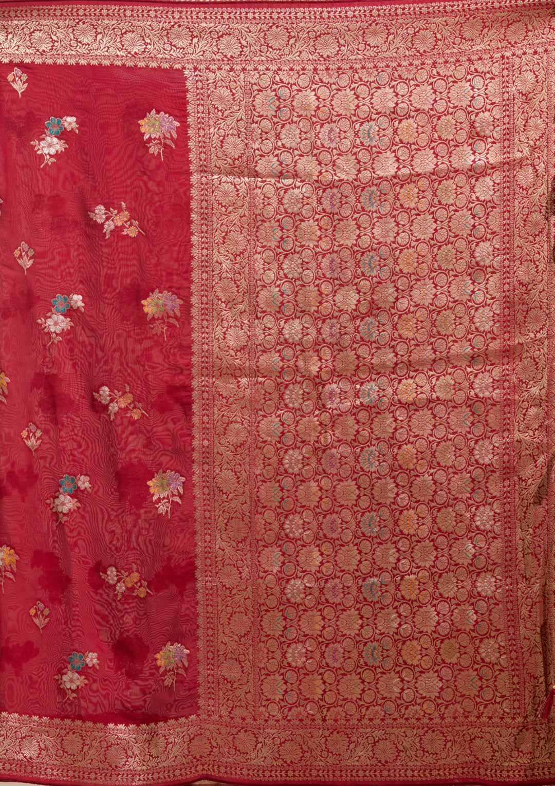 Maroon Georgette Buti Gold Zariwork Saree With Matching Blouse Piece