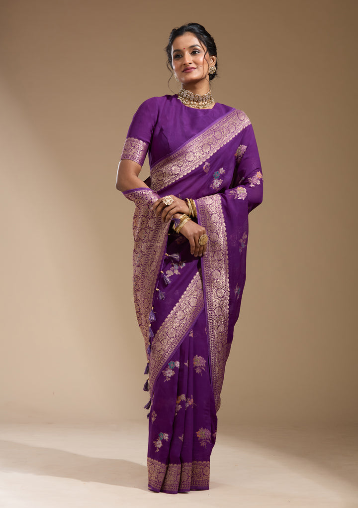 Purple Georgette Buti Gold Zariwork Saree With Matching Blouse Piece