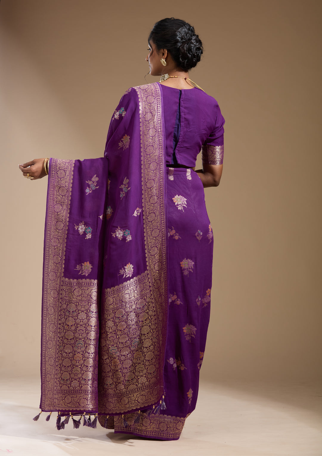 Purple Georgette Buti Gold Zariwork Saree With Matching Blouse Piece