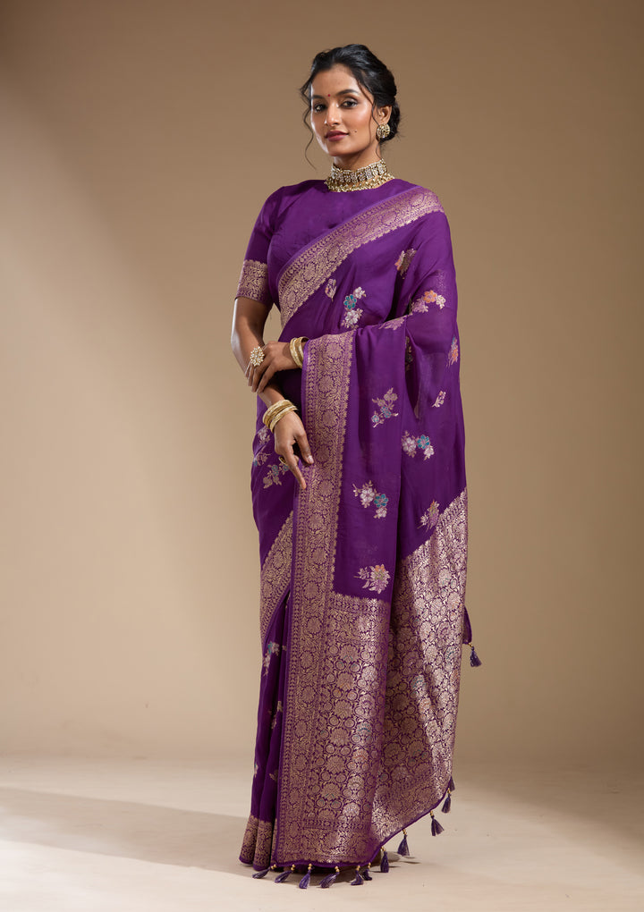 Purple Georgette Buti Gold Zariwork Saree With Matching Blouse Piece
