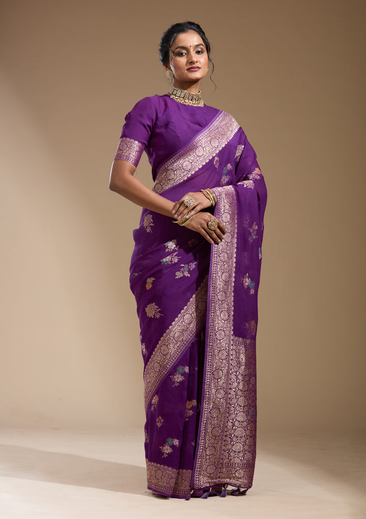 Purple Georgette Buti Gold Zariwork Saree With Matching Blouse Piece