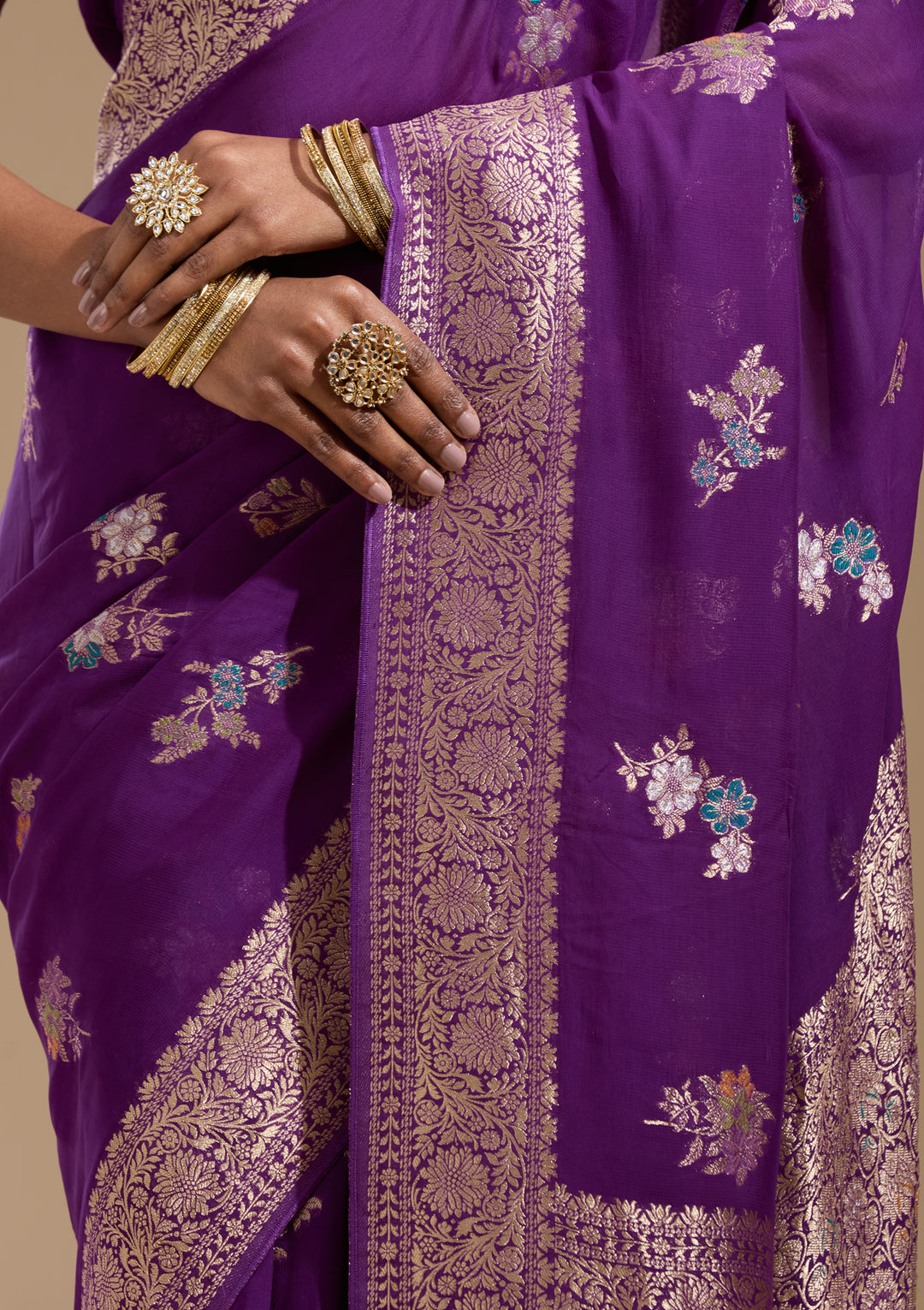 Purple Georgette Buti Gold Zariwork Saree With Matching Blouse Piece