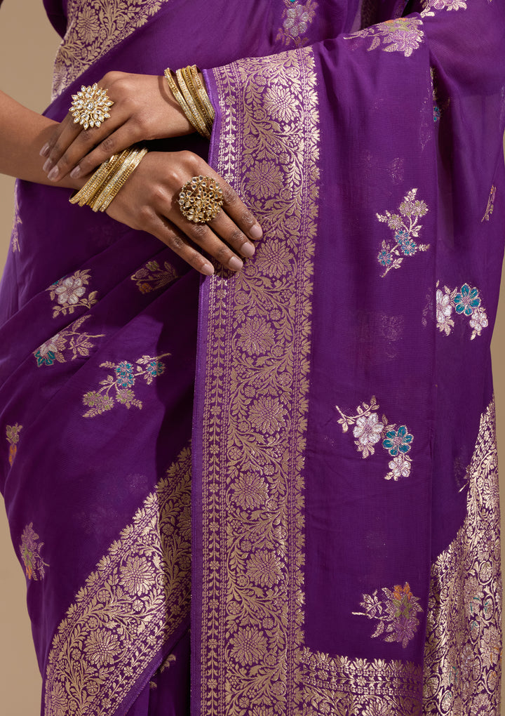 Purple Georgette Buti Gold Zariwork Saree With Matching Blouse Piece