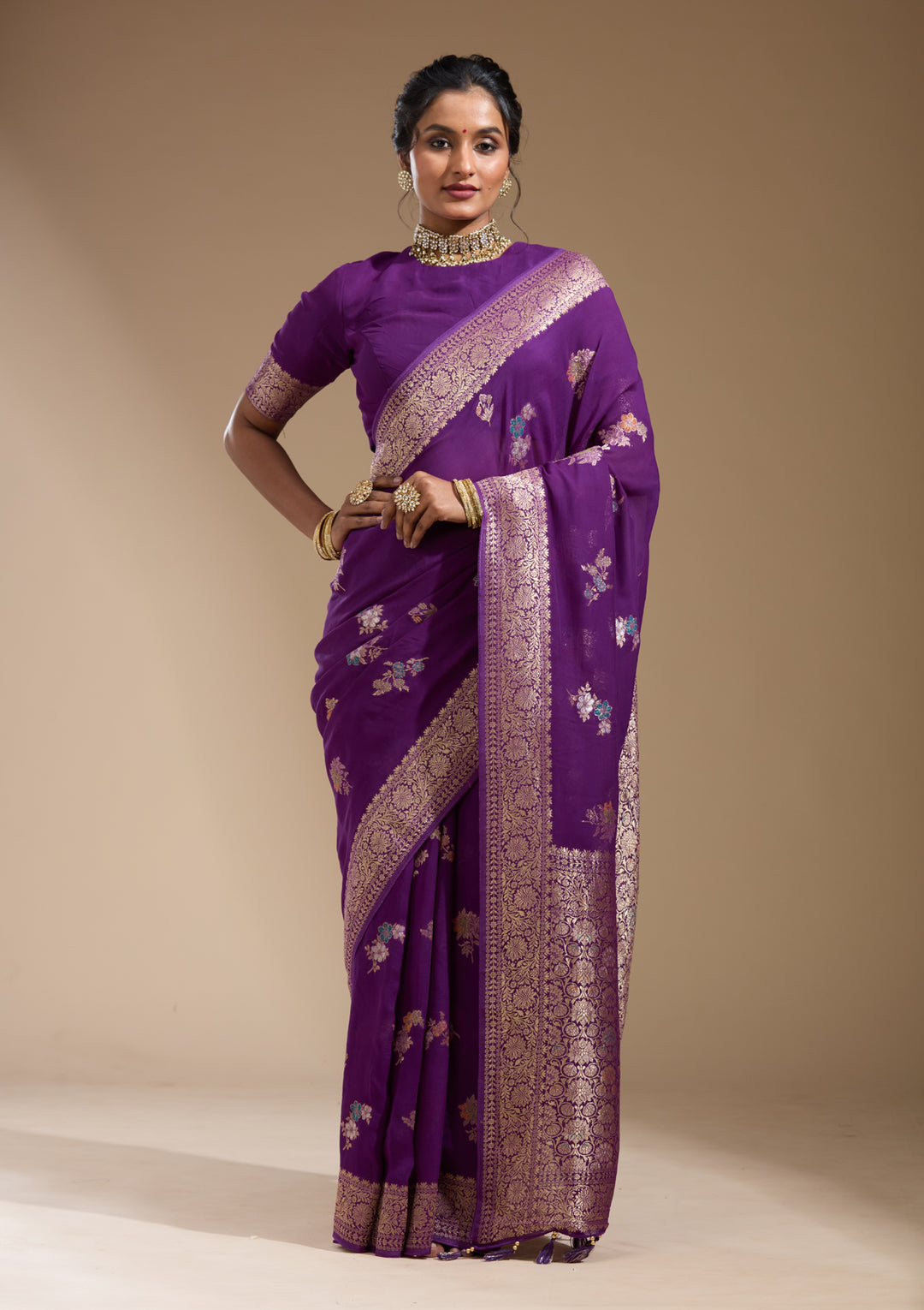 Purple Georgette Buti Gold Zariwork Saree With Matching Blouse Piece