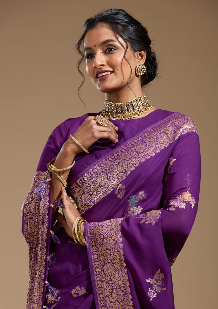 Purple Georgette Buti Gold Zariwork Saree With Matching Blouse Piece
