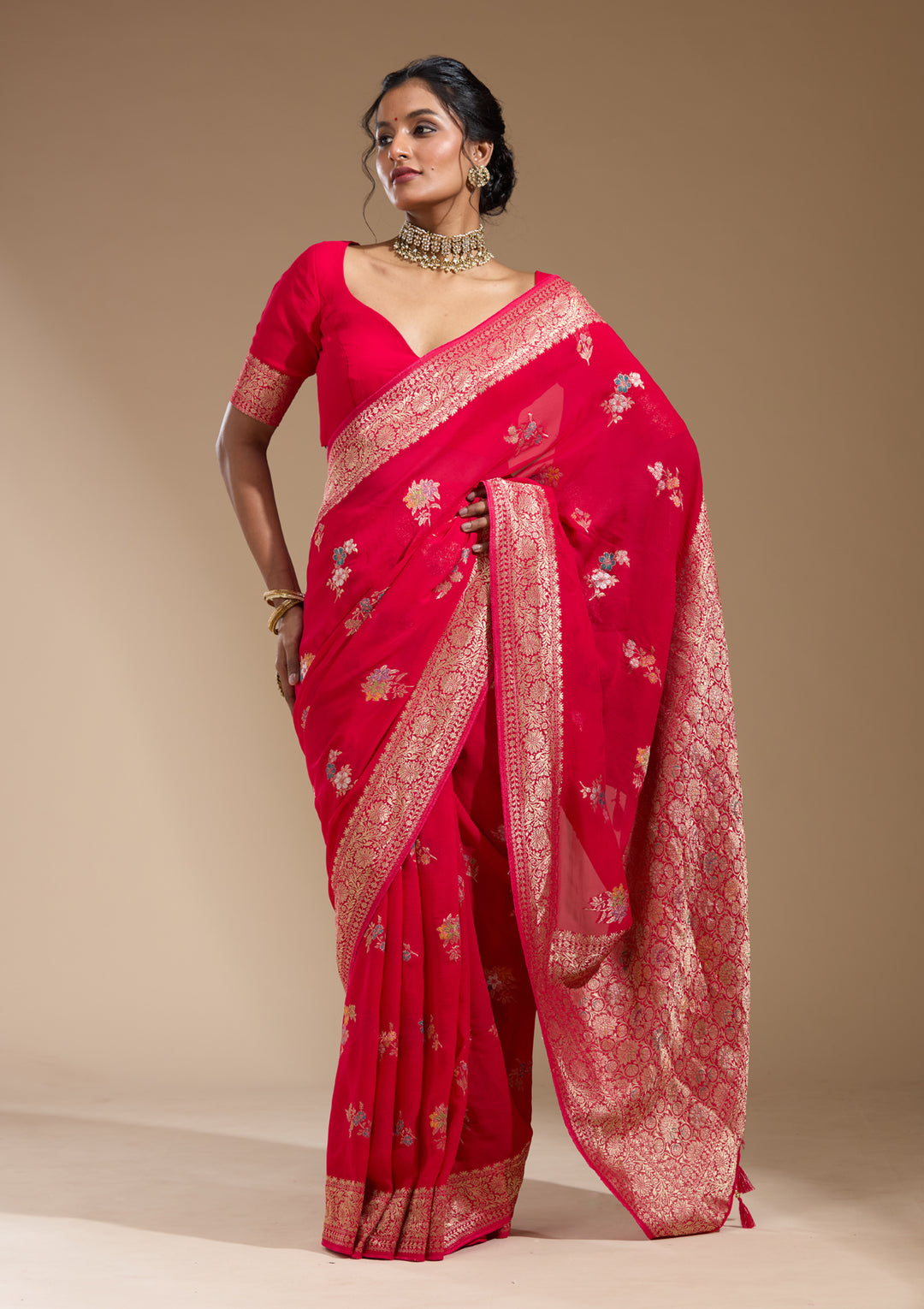 Rani Pink Georgette Buti Gold Zariwork Saree With Matching Blouse Piece