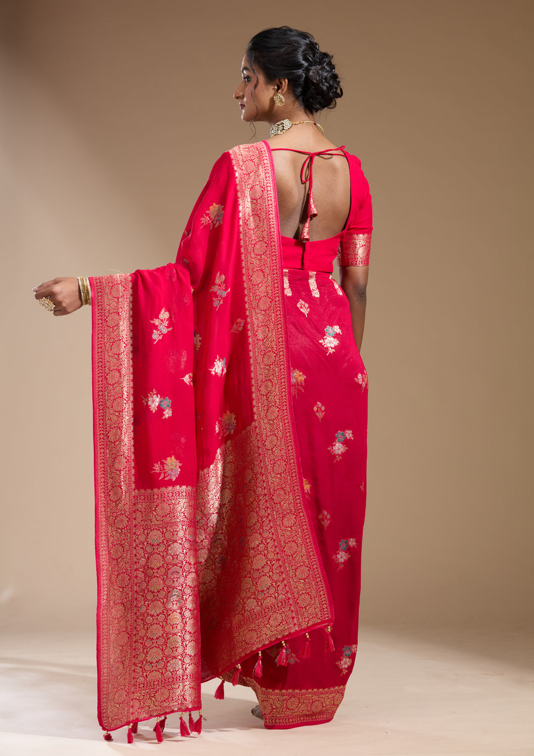 Rani Pink Georgette Buti Gold Zariwork Saree With Matching Blouse Piece