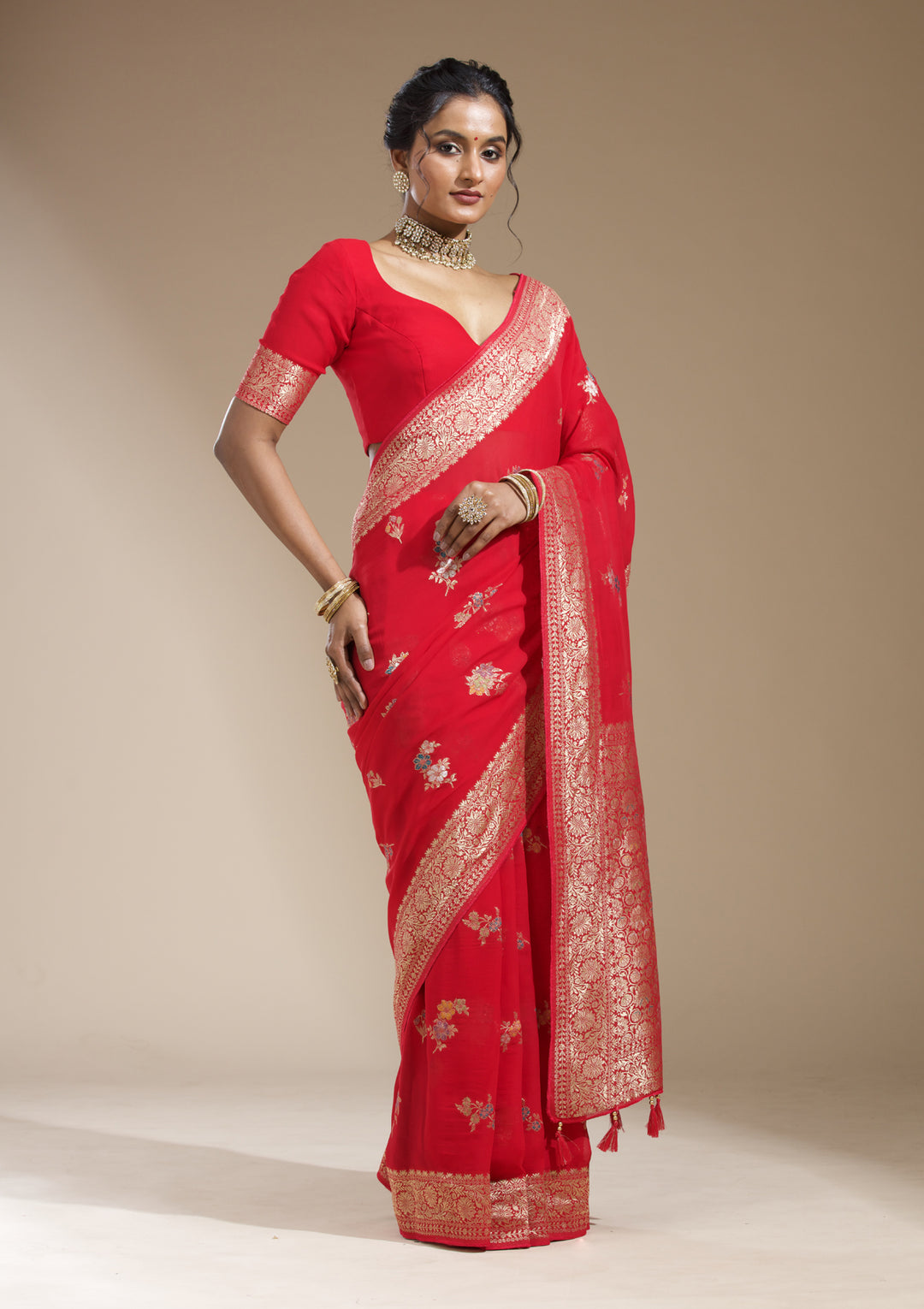 Rani Pink Georgette Buti Gold Zariwork Saree With Matching Blouse Piece