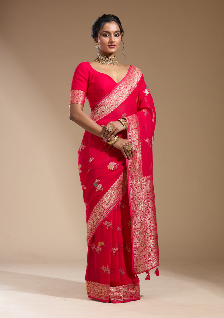 Rani Pink Georgette Buti Gold Zariwork Saree With Matching Blouse Piece