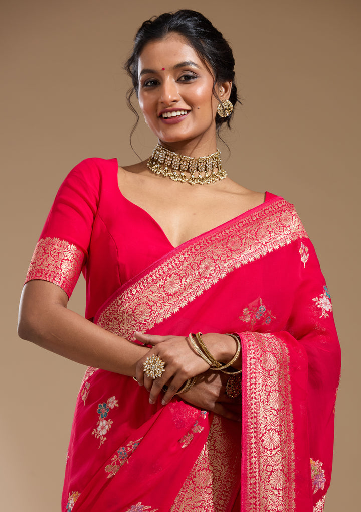 Rani Pink Georgette Buti Gold Zariwork Saree With Matching Blouse Piece