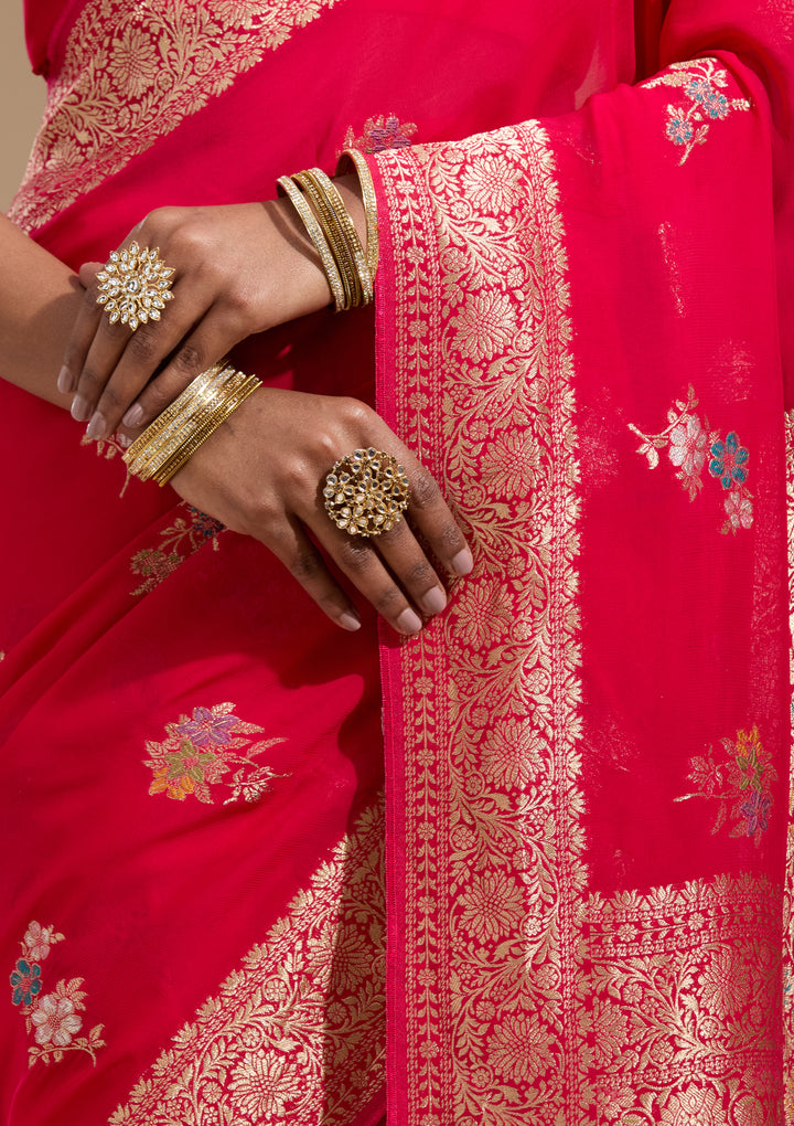 Rani Pink Georgette Buti Gold Zariwork Saree With Matching Blouse Piece
