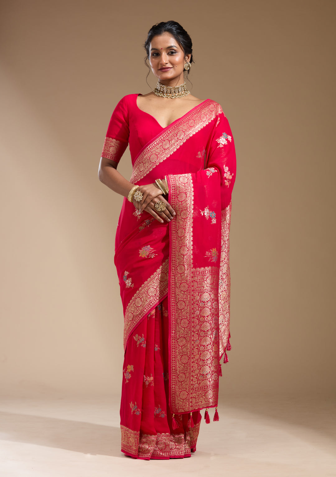 Rani Pink Georgette Buti Gold Zariwork Saree With Matching Blouse Piece
