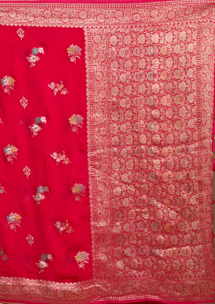 Rani Pink Georgette Buti Gold Zariwork Saree With Matching Blouse Piece