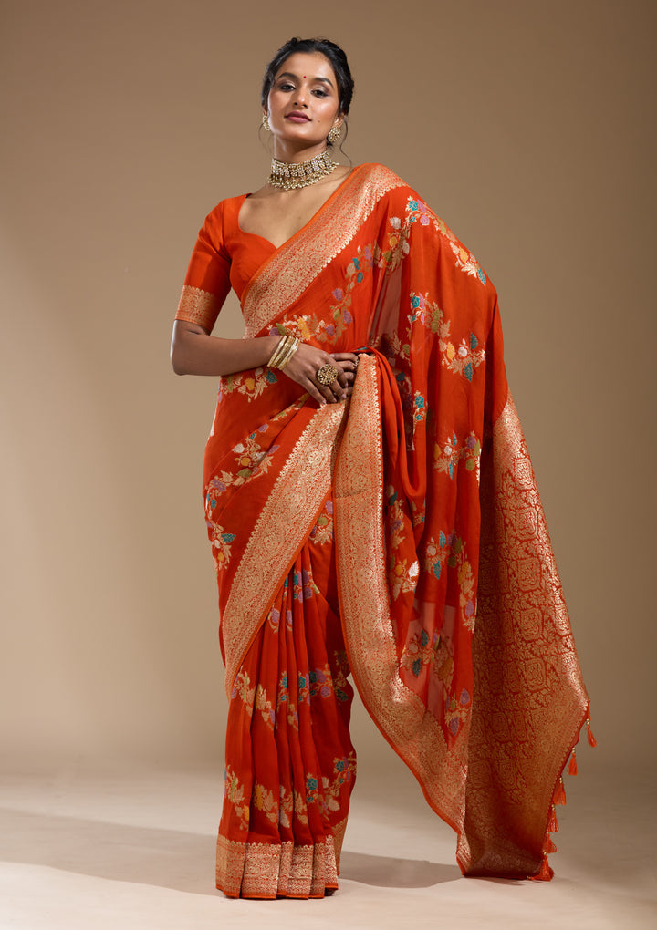 Orange Georgette Buti Gold Zariwork Saree With Matching Blouse Piece