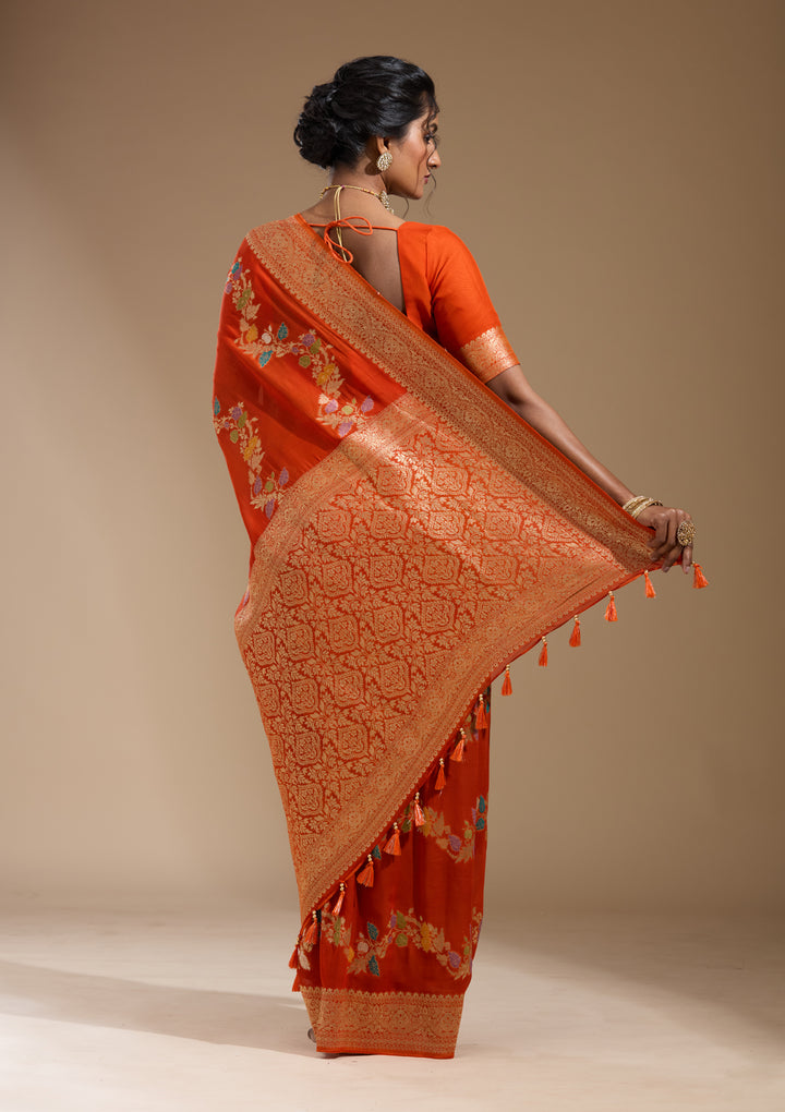 Orange Georgette Buti Gold Zariwork Saree With Matching Blouse Piece