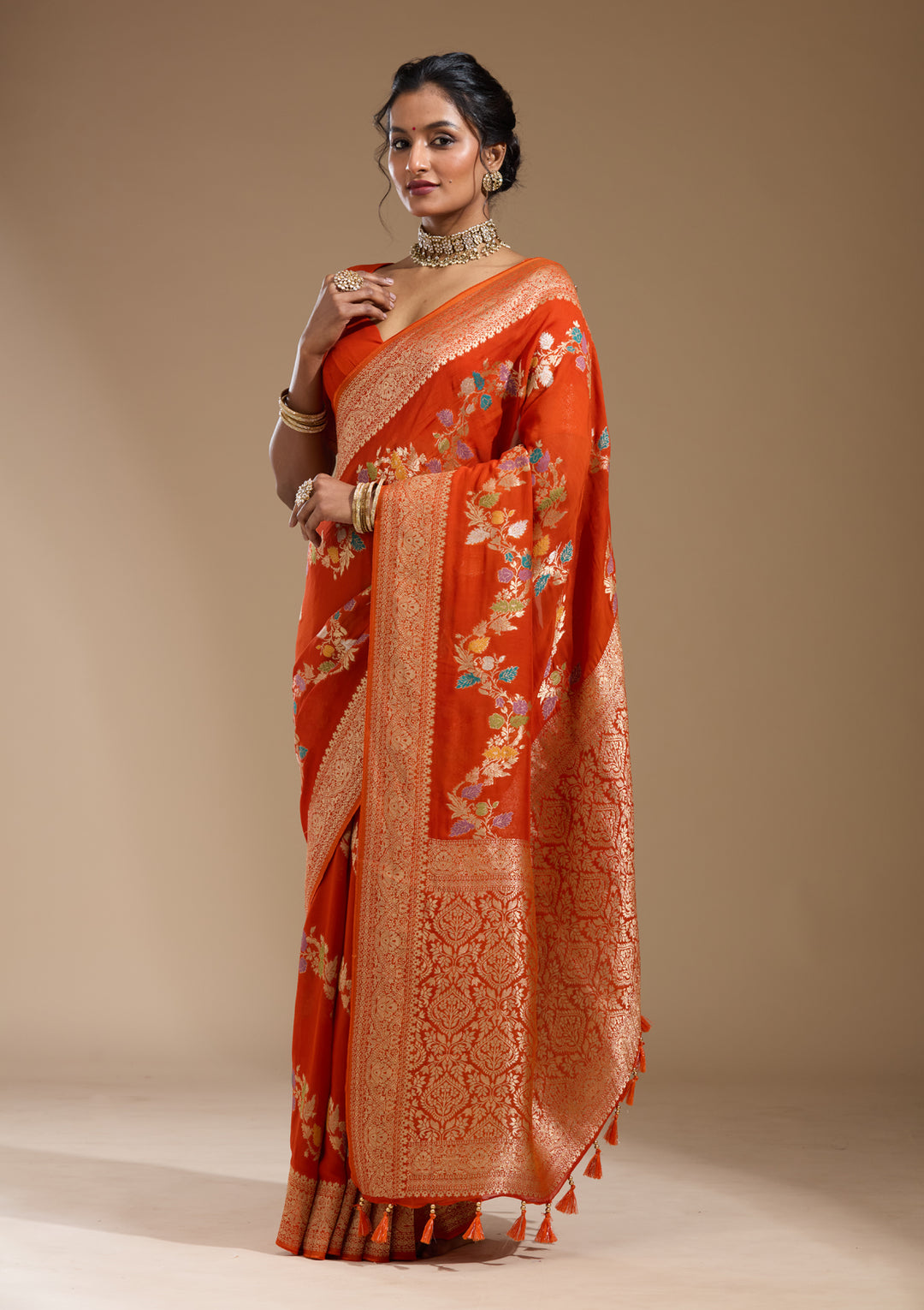 Orange Georgette Buti Gold Zariwork Saree With Matching Blouse Piece