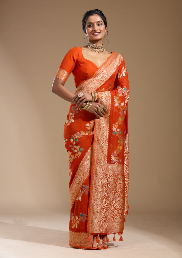 Orange Georgette Buti Gold Zariwork Saree With Matching Blouse Piece