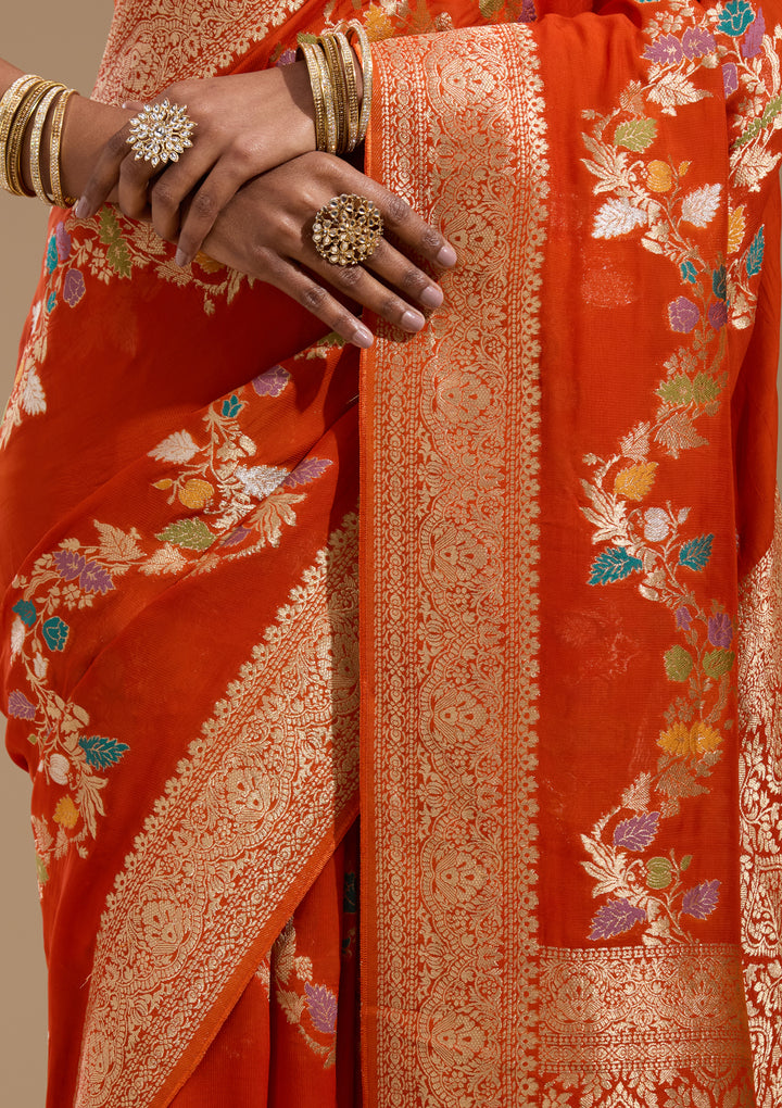 Orange Georgette Buti Gold Zariwork Saree With Matching Blouse Piece