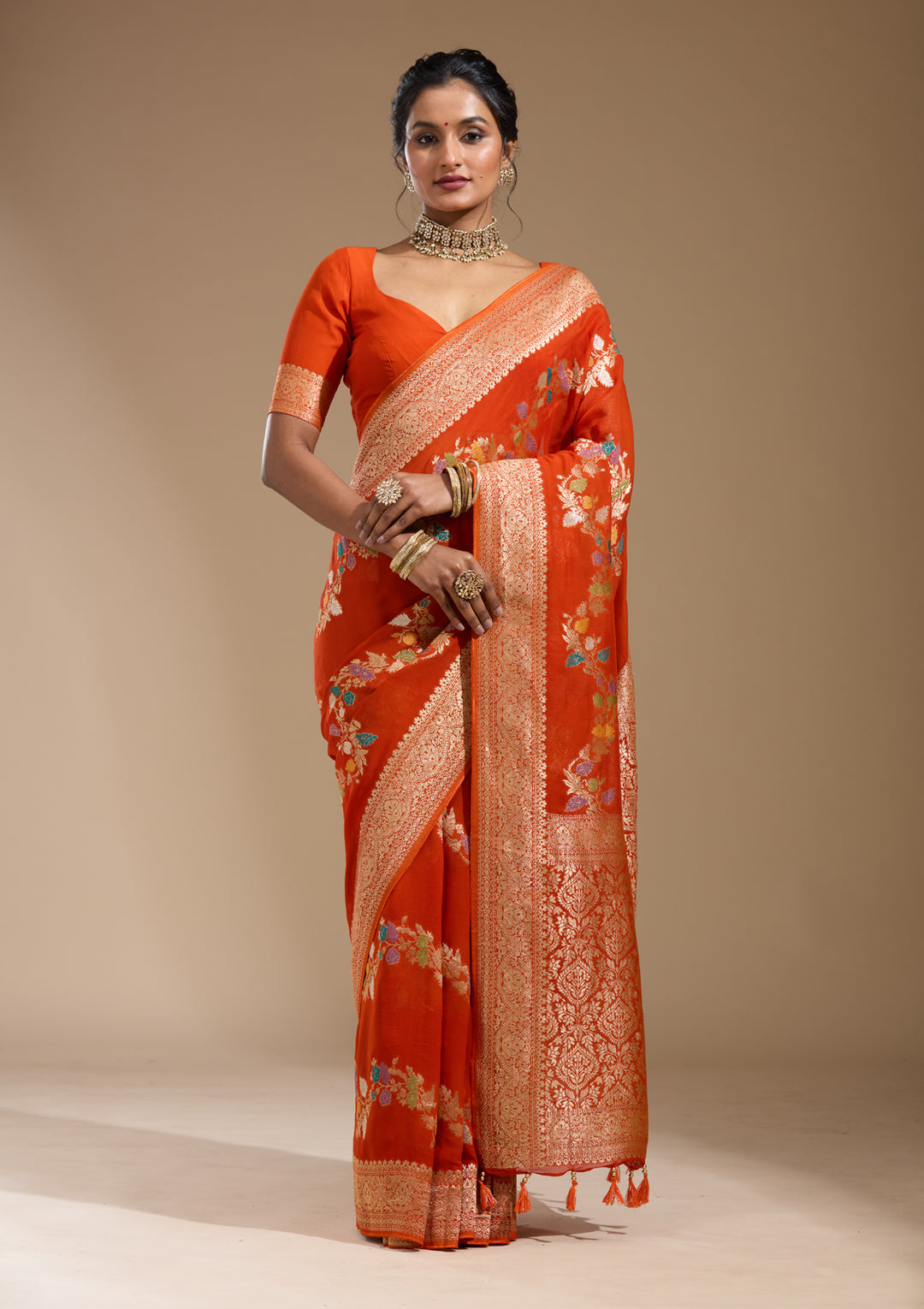 Orange Georgette Buti Gold Zariwork Saree With Matching Blouse Piece