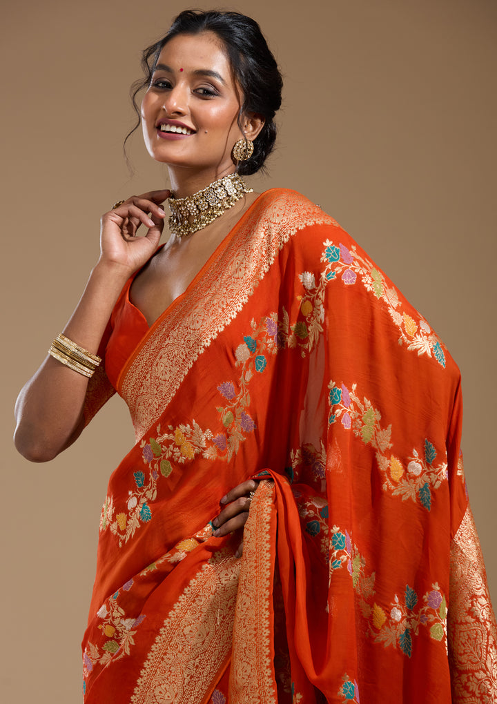 Orange Georgette Buti Gold Zariwork Saree With Matching Blouse Piece