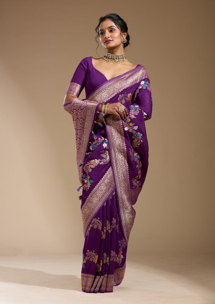 Purple Georgette Buti Gold Zariwork Saree With Matching Blouse Piece