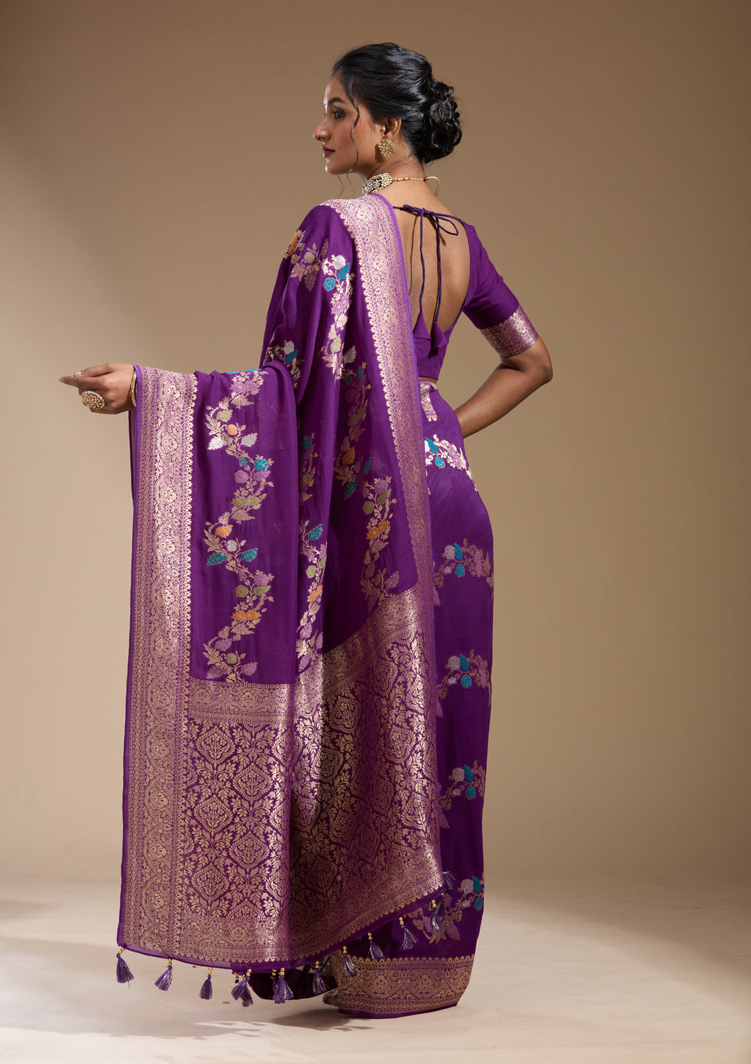 Purple Georgette Buti Gold Zariwork Saree With Matching Blouse Piece