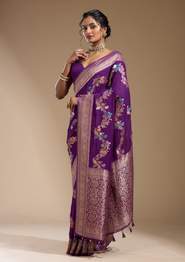 Purple Georgette Buti Gold Zariwork Saree With Matching Blouse Piece