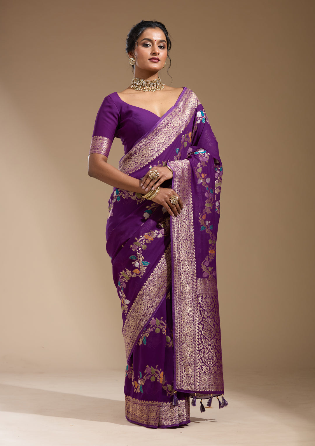Purple Georgette Buti Gold Zariwork Saree With Matching Blouse Piece