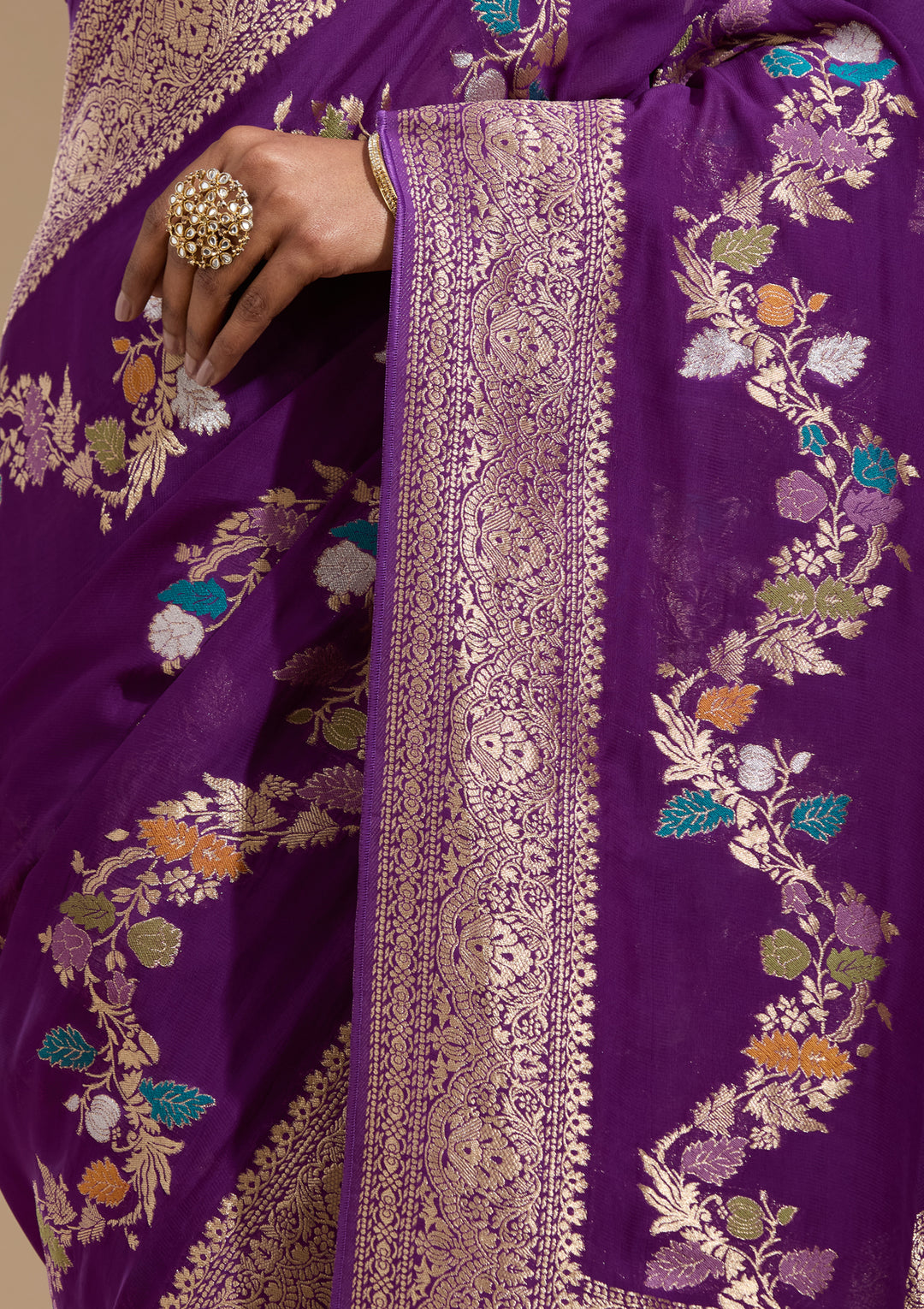 Purple Georgette Buti Gold Zariwork Saree With Matching Blouse Piece